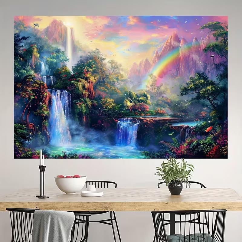 2D Dreamy Forest Waterfall Wall Tapestry Rainbow Sky Background Cloth for Home