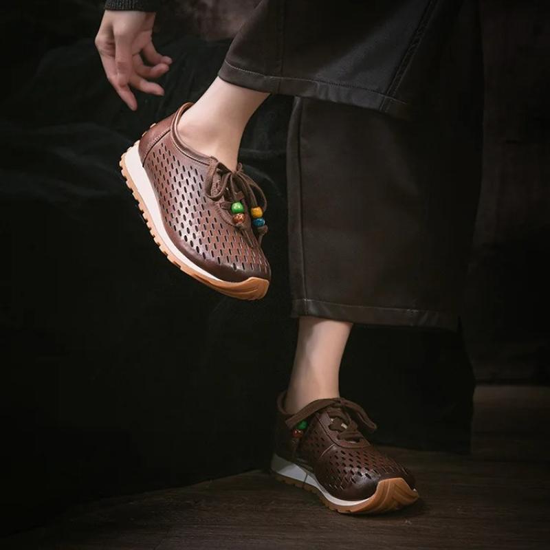 Johnature Genuine Leather Hollow-out Breathable Casual Shoes Lightweight Versatile Lace Up Women's Flat Shoes