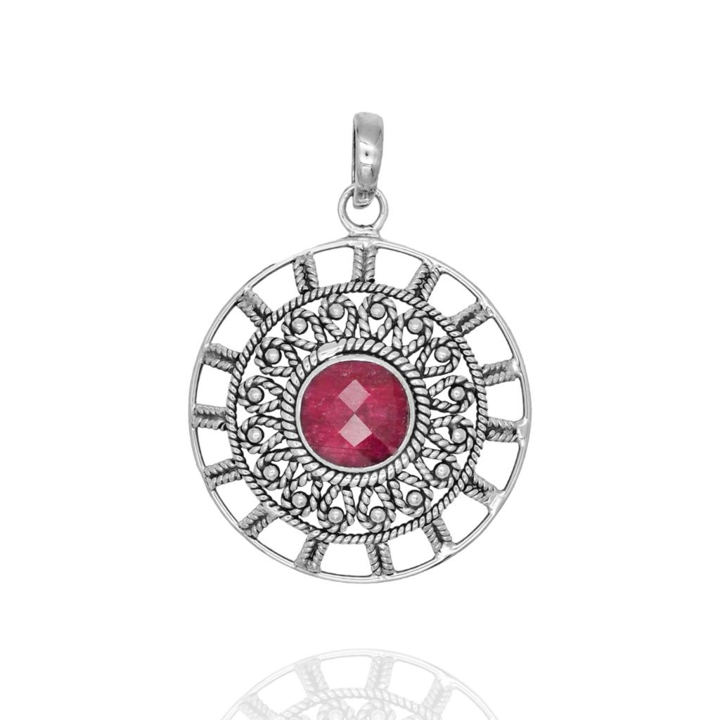 Handmade Round Twister Wire Pendant for Her, 925.% Silver Pendant, Red Corundum, Gift for Mom