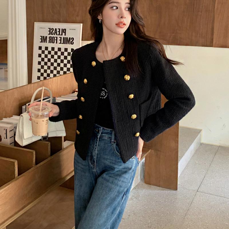 

Новые осенне-зимние твидовые куртки для женщин, элегантные пальто с круглым вырезом и длинным рукавом из смеси шерсти, женская однотонная верхняя одежда XL чёрный