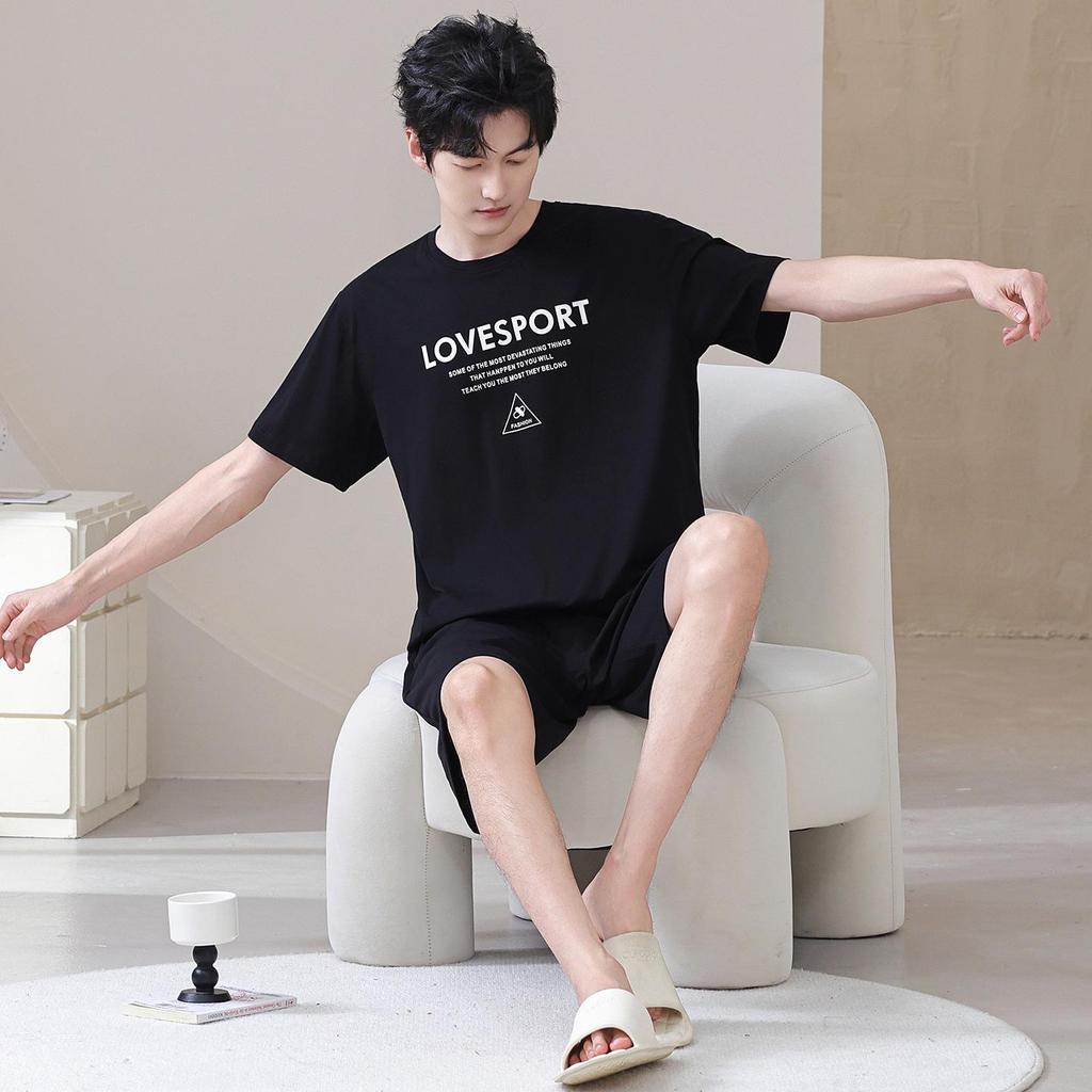 Men's Plus Size Cotton Summer Pajama Set - Thin Short-Sleeved Top & Shorts, Round Neck, Casual & Comfortable for Indoor/Outdoor Wear