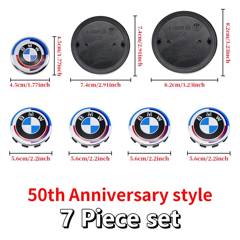DJSA5 Hood Trunk Wheel Steering Badge 7Pcs Emblem Set For BMW E46 E90 F10 F30 G20 X5 82mm 74mm 68mm 56mm 45mm 50th Anniversary Car