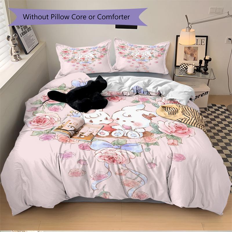 3-teiliges gestepptes Bettwäsche-Set mit Love Flowers & Bunnies-Druck - Weiche und bequeme Bettbezüge für Schlafzimmer, Gästezimmer und Wohnheime Dekorative Bettwäsche Se