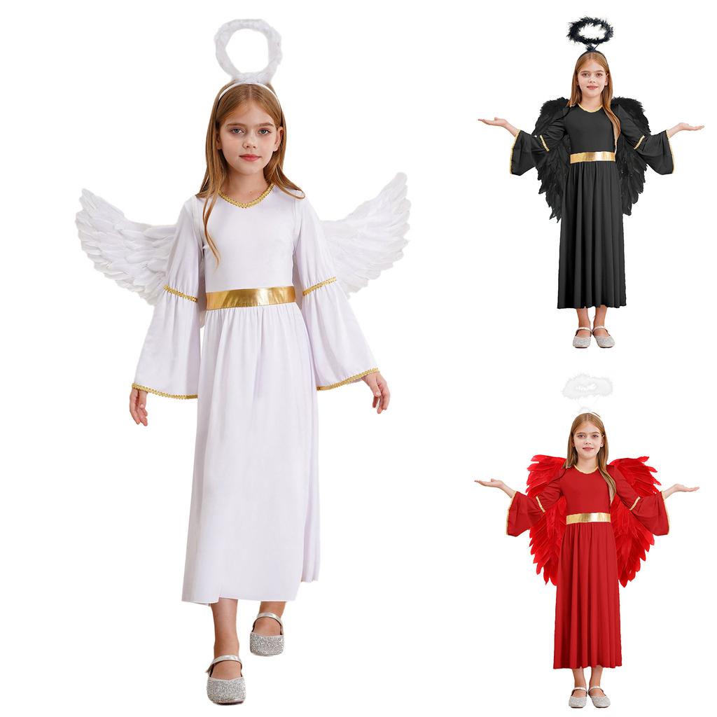 Girls 3 Piece Angel Costume Long Sleeve Gold Trim Gown Feather Hairband Angel Wings Dress Up Performance Outfit