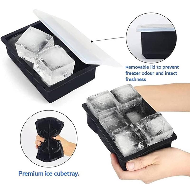 Ice Cube Tray Silicone Ice Mold Large Ice Cube Mold Square Ice Cube Maker Ice Cube Tray 4/6/8 Grid for Whiskey Cocktail Ice Mold