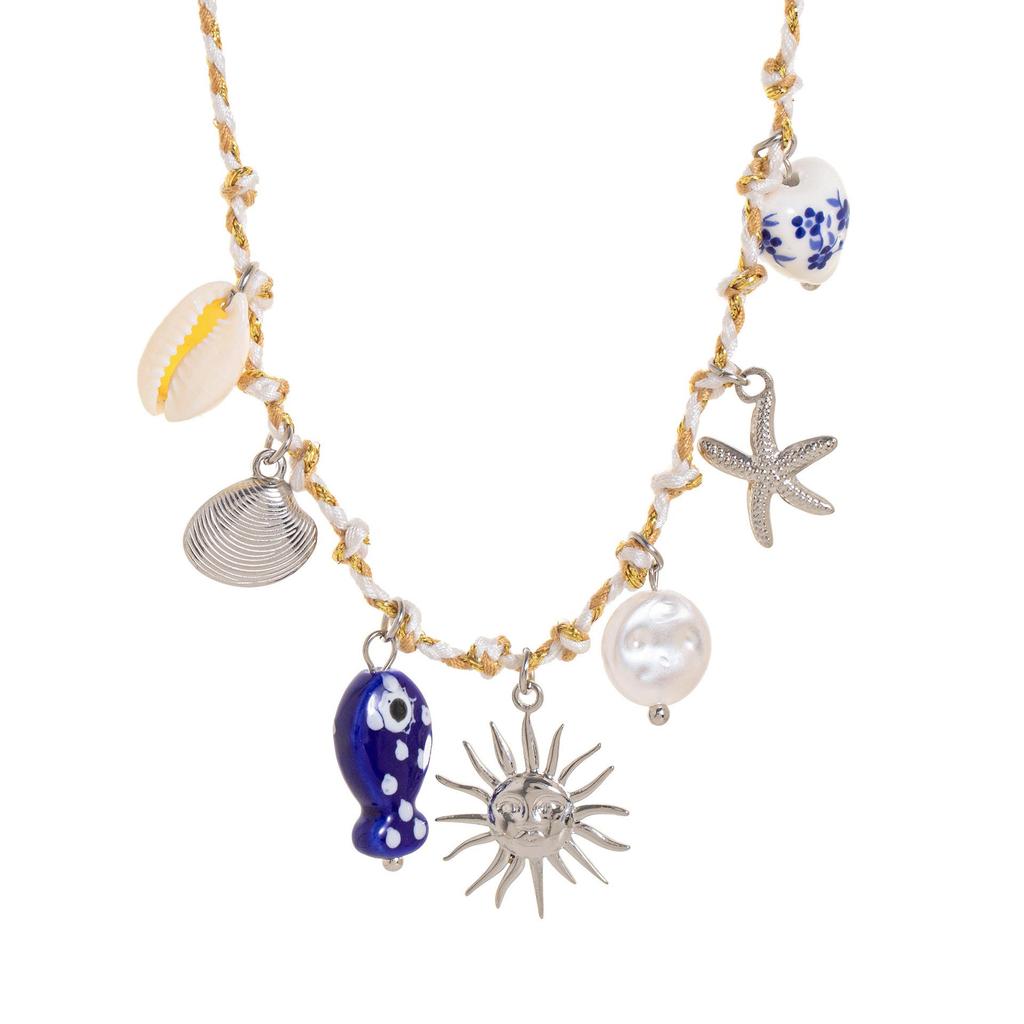 Collar de Perlas de Dopamina en Forma de Corazón con Colgante de Estrella de Mar Multicolor en Acero Inoxidable.