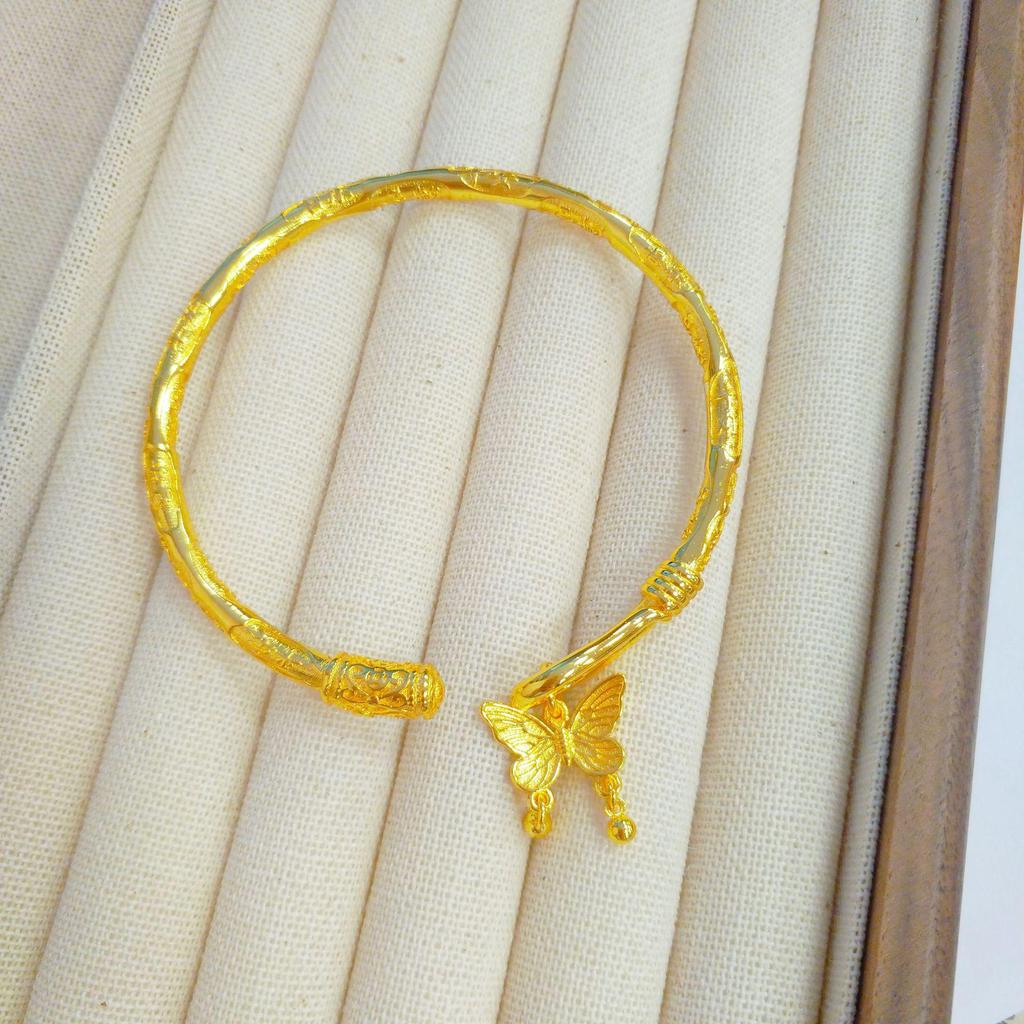 Gold Butterfly Bangle with Auspicious Inscription - Retro Chinese Style Open Bracelet