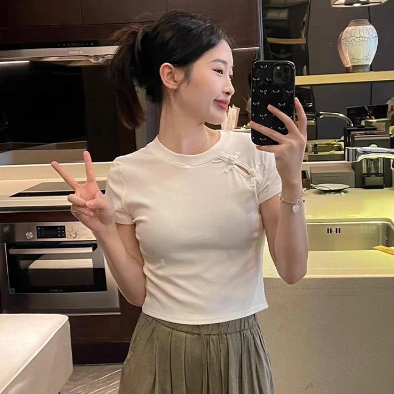 Chinese Style Summer T Shirts Women Crop O Neck Gentle Buttons Soft Designed Short Sleeve Pure College Retro