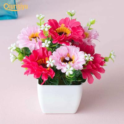 Artificial Chrysanthemum Flower Gypsophila Wood Pot Bonsai