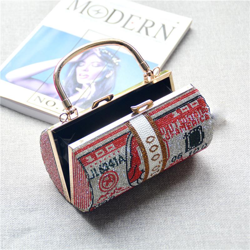 2025 Luxury Full Diamonds Dollar Stack Cash Evening Handbags Women Rhinestone Wedding Party Clutch Bag Metal Chain Shoulder Bag