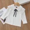 Girls' White Lace Trim T-shirt with Turn-down Collar - Autumn Style