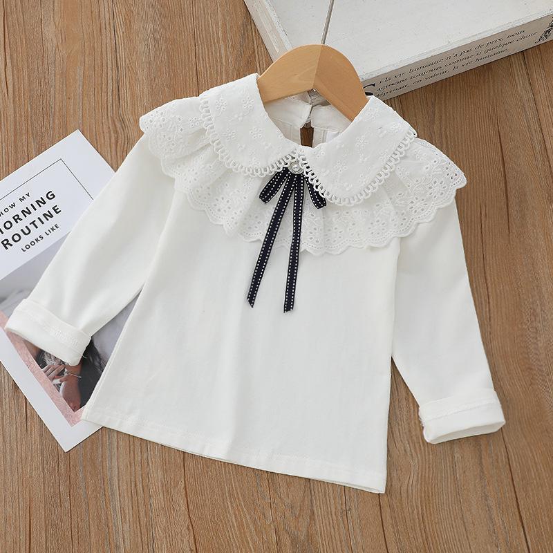 Girls' White Lace Trim T-shirt with Turn-down Collar - Autumn Style