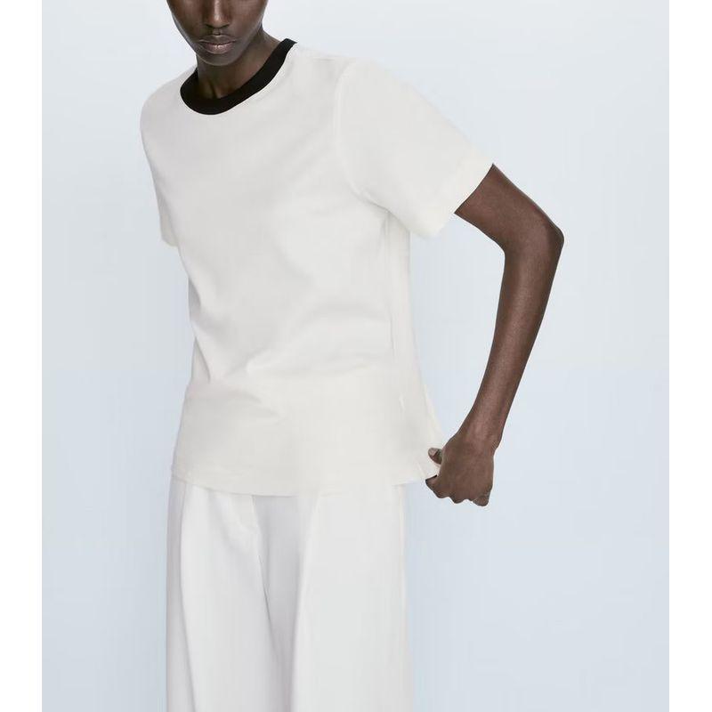 MD Spring New round Neck Inner Bottoming Top Casual Contrast Color Short Sleeve Silm Pure Cotton T-shirt 6855542