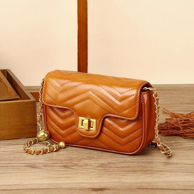 Genuine Leather Women's Bag 2025 New High-End Fashion Small Gold Ball Quilted Chain Top Layer Cowhide Single Shoulder Crossbody