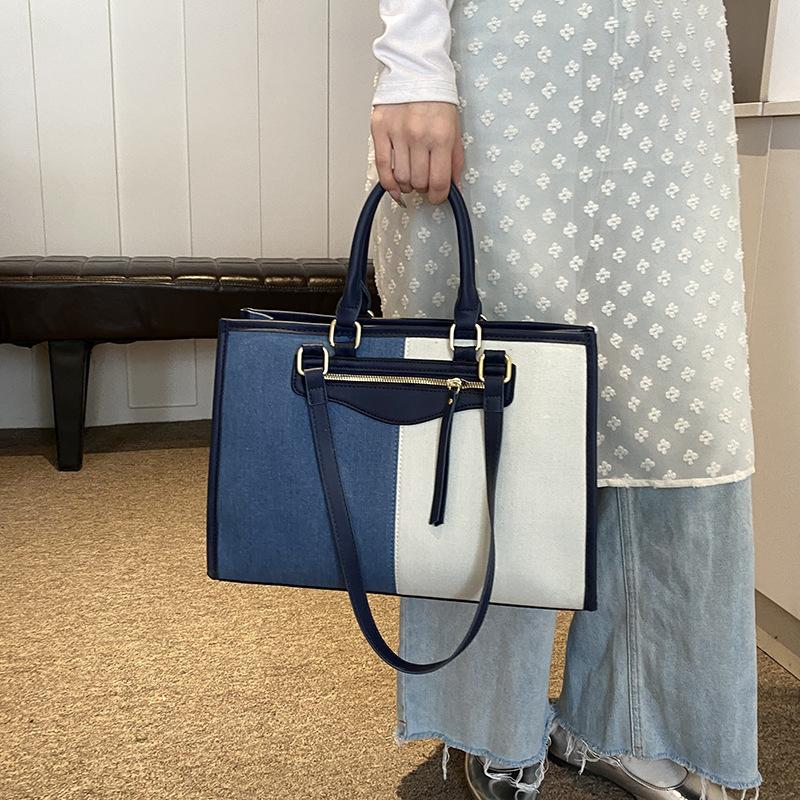 Fashion Splicing Contrasting Color Tote Bag Large Capacity New Denim Shoulder Bag Women's Commuter Messenger Bag