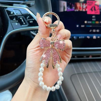 New Shiny Bow Rhinestone Bow Keychain Sparkling Colorful Bag Charm Detachable Pearl Keychain Women
