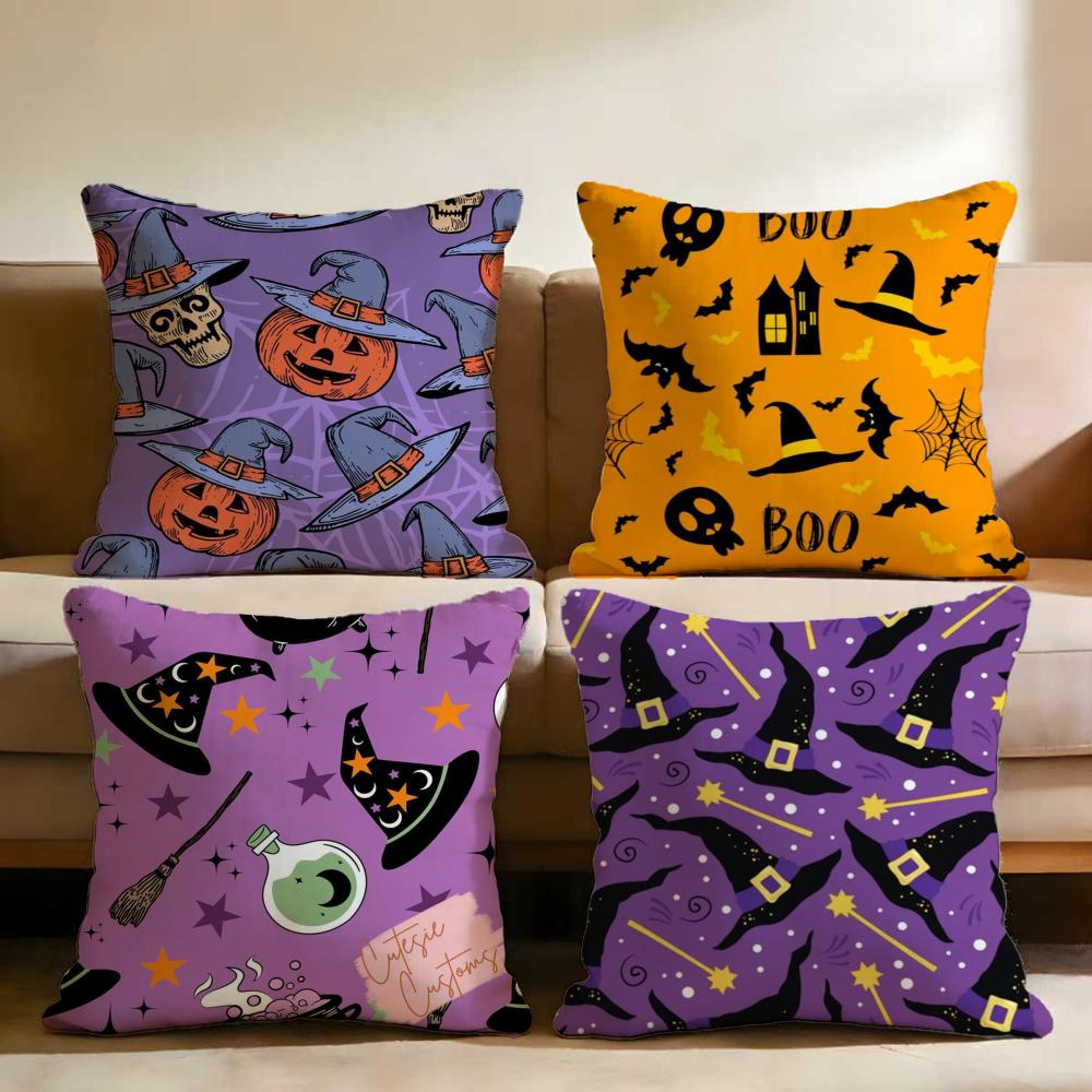 Halloween witch hat skull Cushion Cover Multi-Scene Pillow Cover for Home & Car - Reversible, Soft & Durable for Daily Use