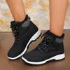 Winter New Cotton Boots Women's Fashion Round Head Front Lace-up Splicing and Fleece Thickened Comfortable Flat Ankle Boots