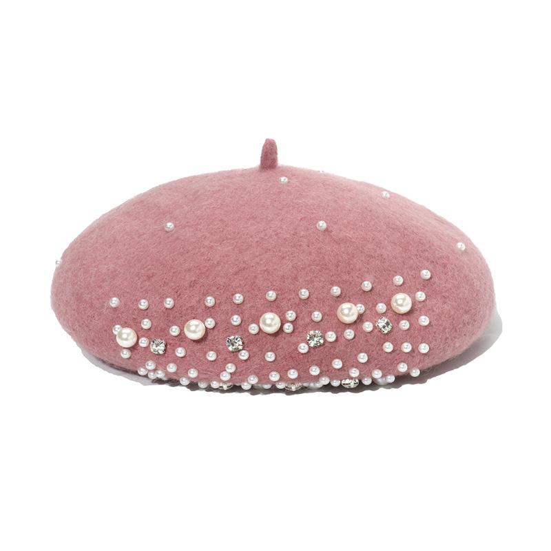 Women Fashion Wool Beret Custom Elegant Girls Beret with Pearl Rivets Wool Beret for Lady