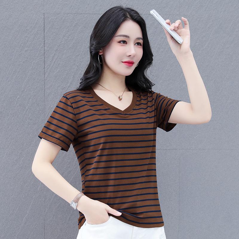 

Женская футболка с коротким рукавом из чистого хлопка в полоску - стильная летняя одежда для мамочек для шикарной, удобной и модной одежды 4XL кофейный