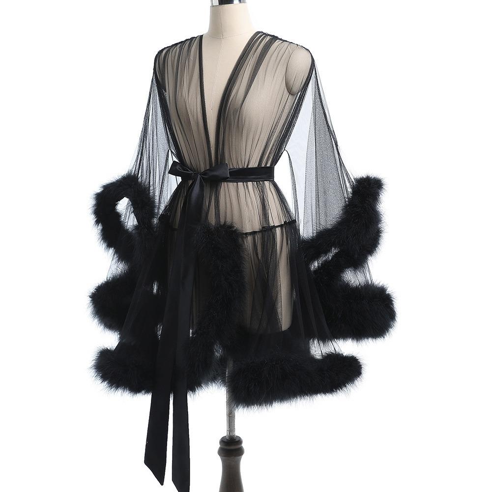 Sexy transparent mesh robe, bathrobe, nightgown, perspective loungewear, fluffy splicing sleeves, medium and long coat.