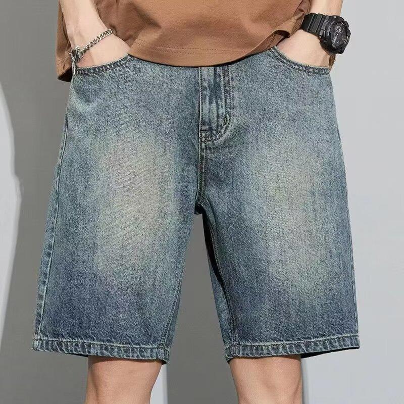 Summer denim shorts men's thin medium pants casual tooling shorts loose straight men's washed five-point jeans
