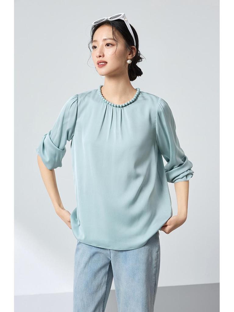 Original Mulberry Silk Stylish Beaded Double-Layer Breathable Top - Versatile Spring Commute High-End Shirt 2026