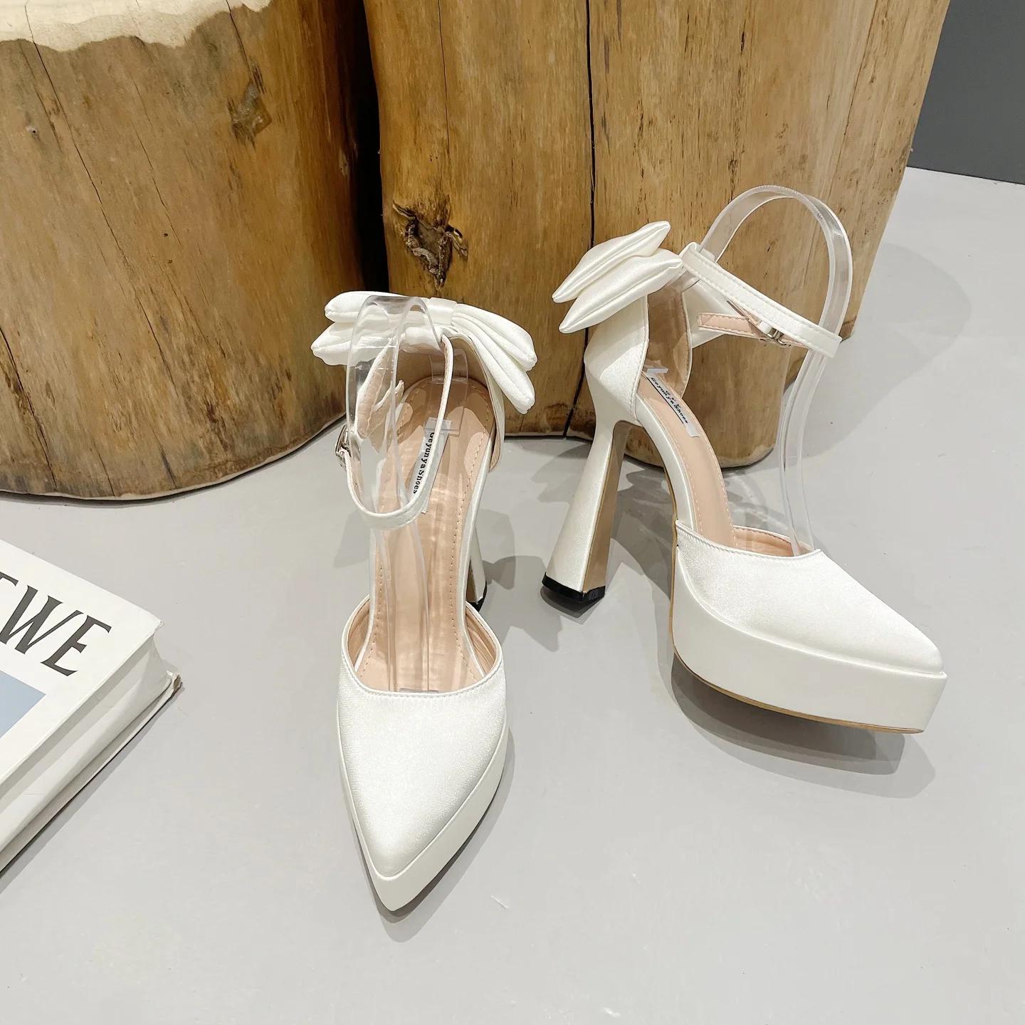 

High Heels Women 2025 Summer New Fashion Satin Face High Heel Sandals Bow One Word Buckle Pointed Toe Thick Heel Women s Shoes 35 білий