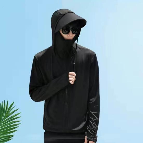 Men Summer Sun Protection Clothing Hooded Drawstring Long Sleeve UV Protection Coat Solid Color Zipper Placket Anti-UV Fishing Clothing