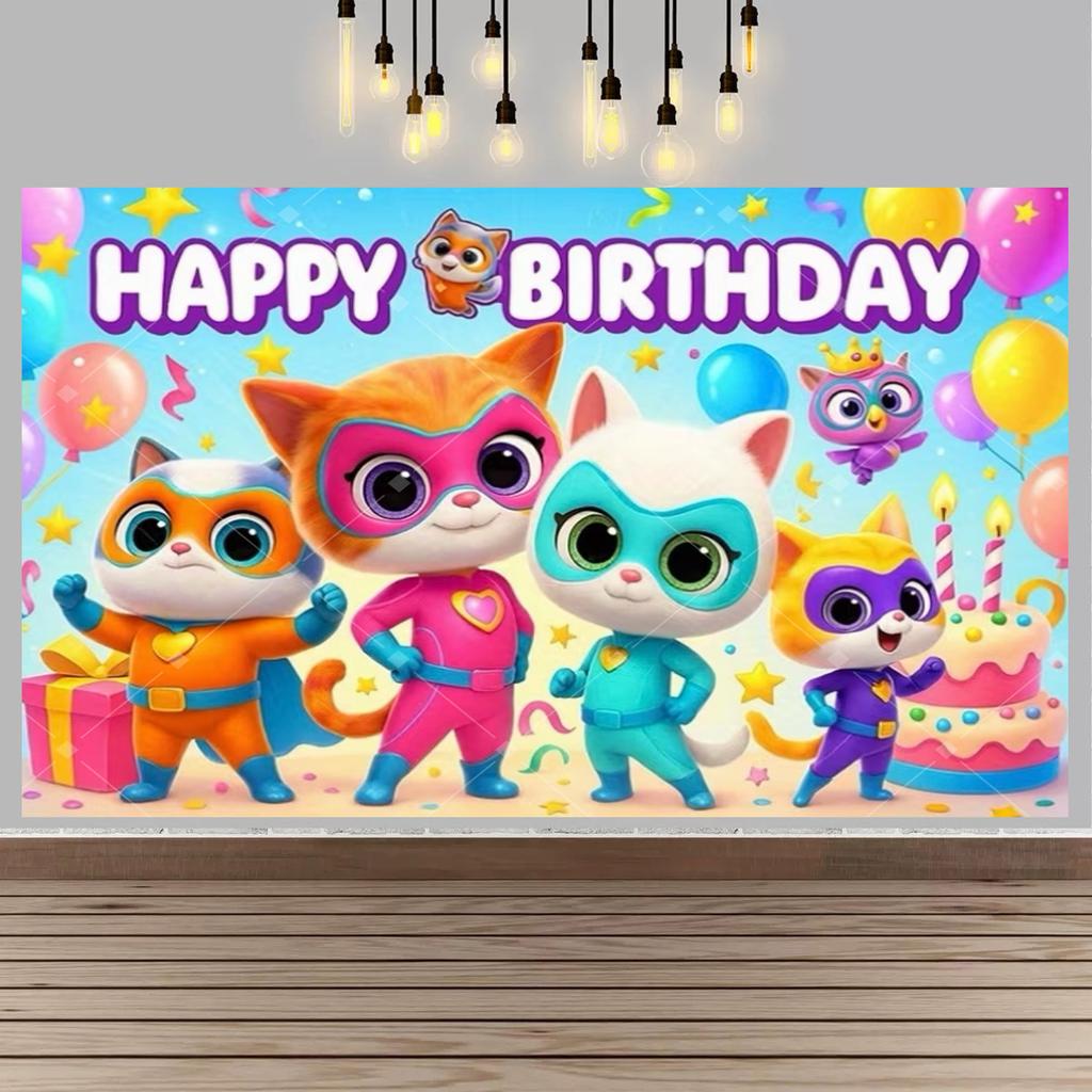 Cartoon Superkitties Birthday Party Decorations Background  Cute Super Cat Squad Theme For Baby Shower Kids Party Supplies Gift239