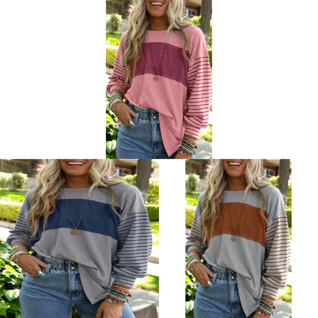 Polyester Striped Casual Long Sleeve T Shirt For Women With Color Block Design For Spring