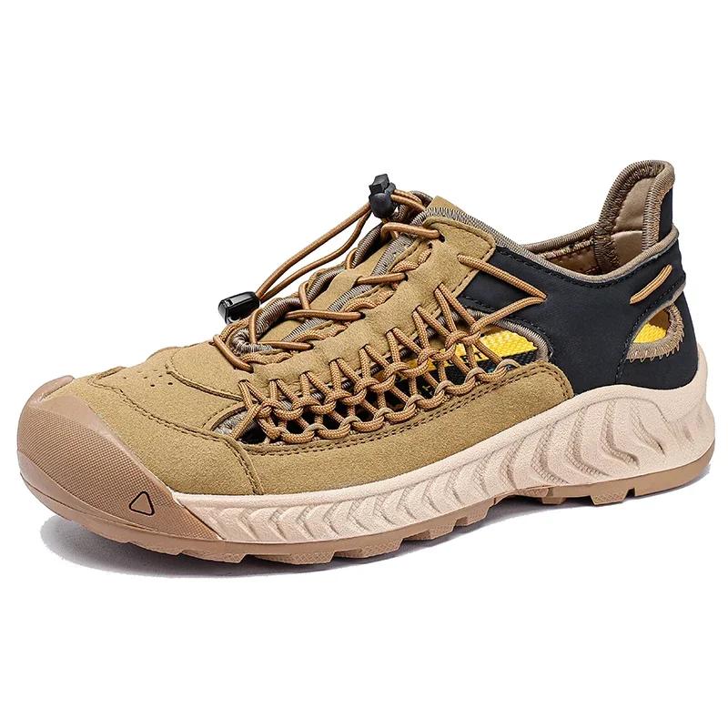 

Мужские летние сандалии из натуральной кожи, повседневные сандалии для улицы, нескользящие, дизайнерские, с круглым носком, дышащие, водонепроницаемые, пляжная обувь 45 хаки