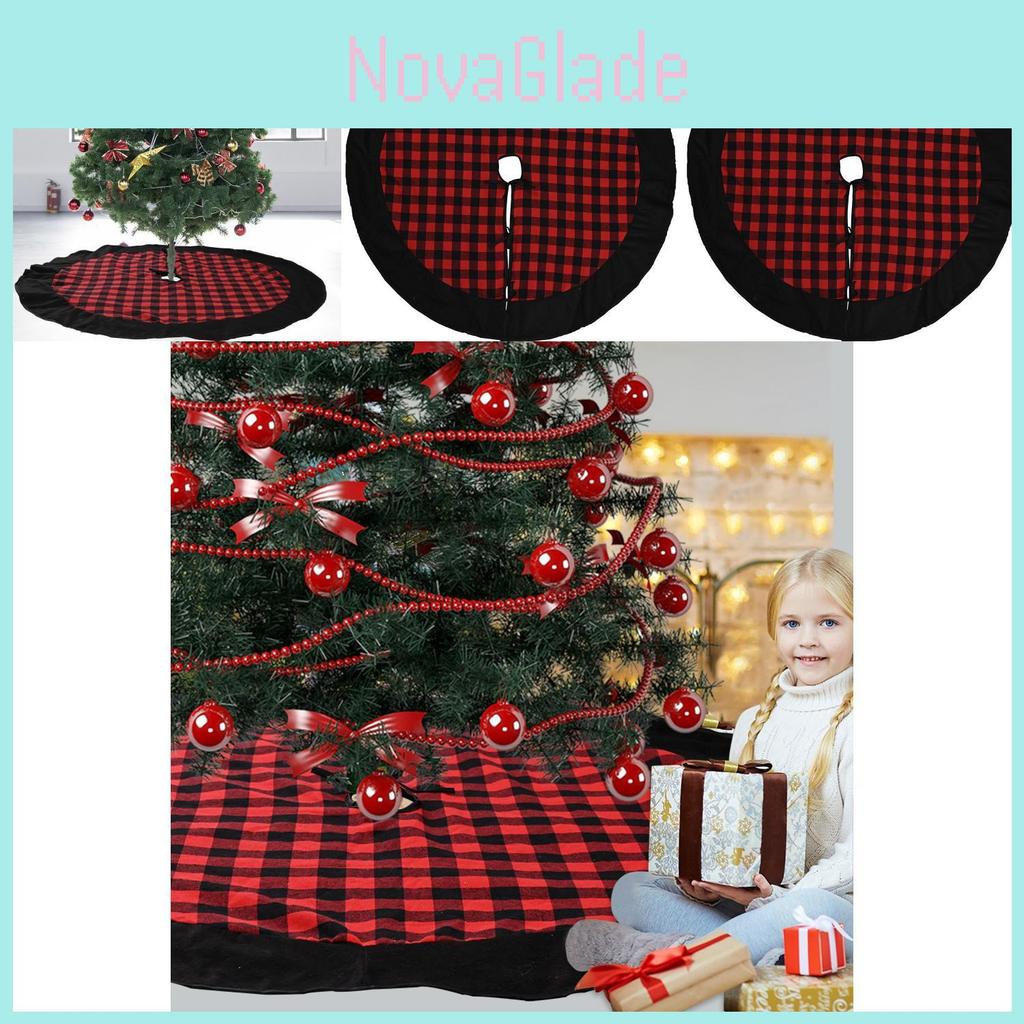 Luxurious Red And Black Plaid Velvet Christmas Tree Skirt Cozy Holiday Decor