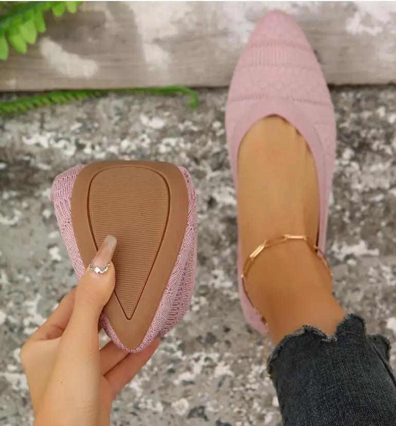 Fashion New Women's Pointed Toe Single Shoes Solid Color Knitted Slip on Casual Breathable Ballet Flats Shoes Loafers Zapatos De Mujer
