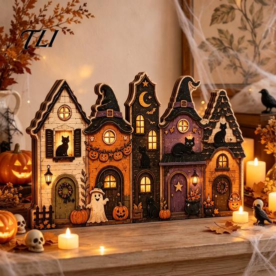 Autumn Theme Interior Ornaments Halloween Retro Haunted Village Wooden Tabletop Decor, Fall Farmhouse Witch Mantle Decorations House Ornament,