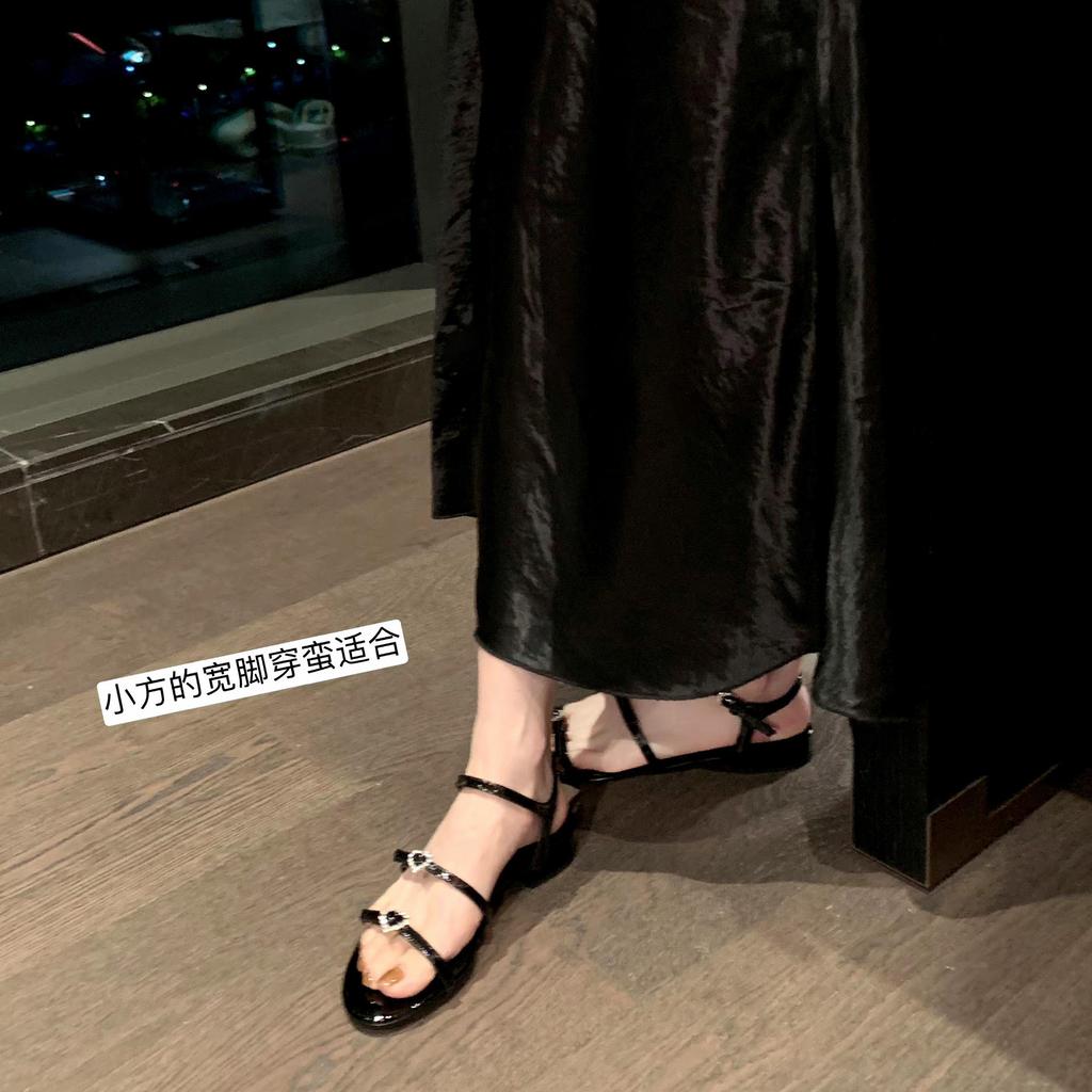 Sheepskin Version ~ Round Toe Double One-line with Love Diamond Buckle Adjustable Flat Sandals Women's Leather Thick Heels and High Heel Sandals