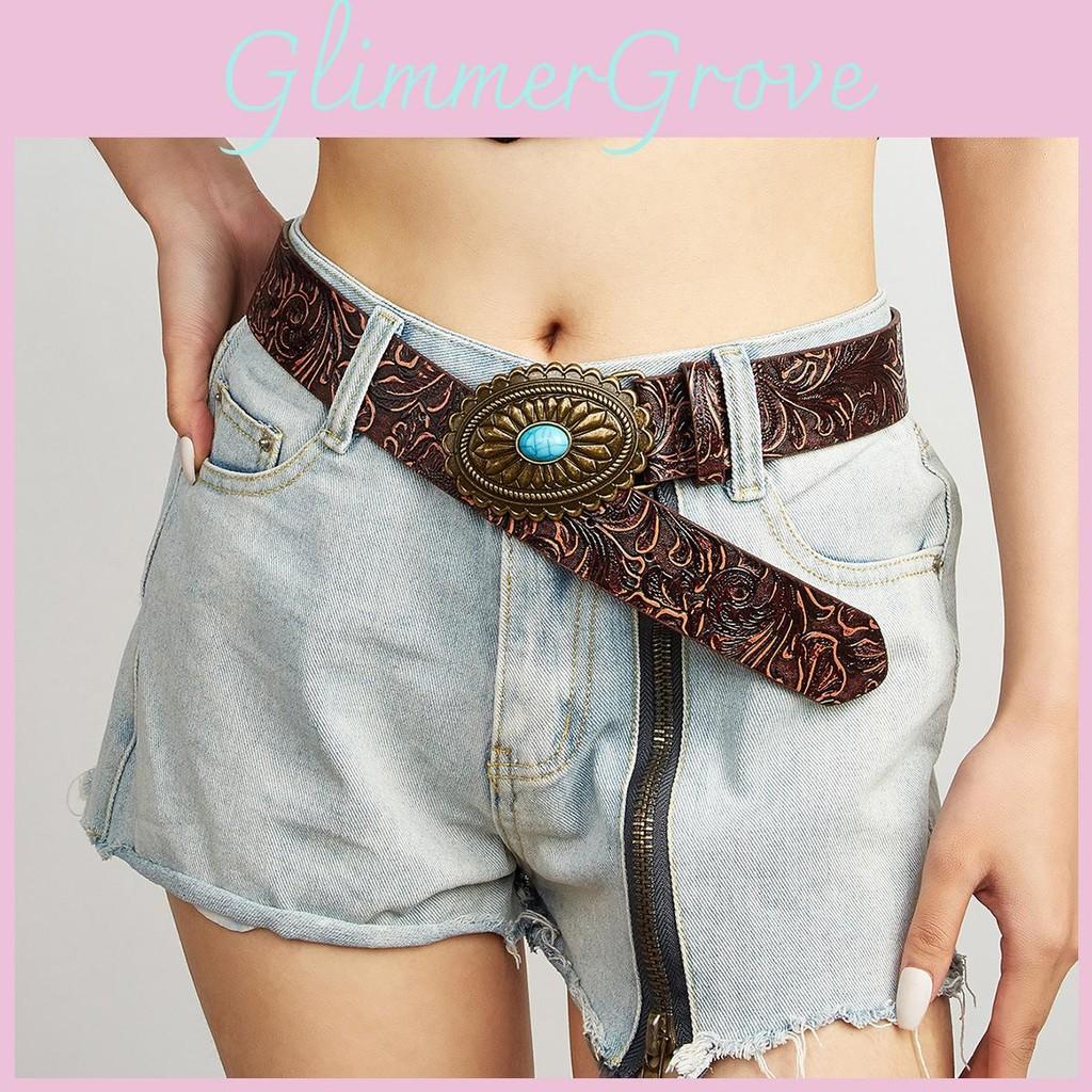 Fashion Gemstone Simulation And Metal Buckle Decor Flower Pattern Belt Women