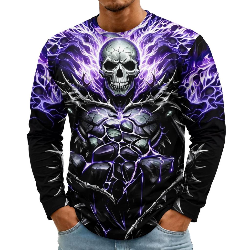 Men's Long Sleeve T‑Shirt Ghost Scarecrow Pumpkin Moon Dead Tree Halloween Print Crew Neck Casual Top