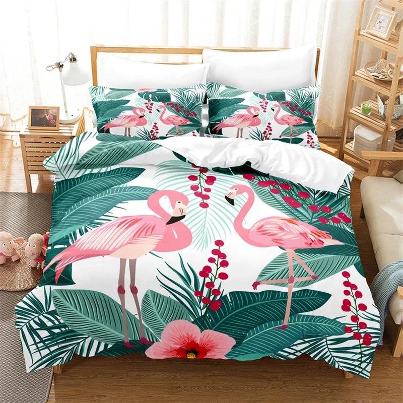 Flamingo Bettbezug Tropische Palmenblätter Bettwäschebezug Polyester 3D Blumiges Bettwäsche-Set Twin King Für Mädchen Jungen Zimmerdekor