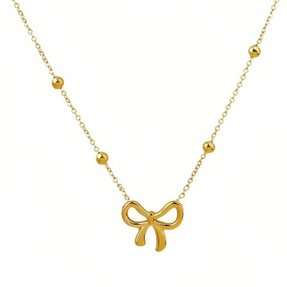 Stainless Steel Bow Pendant Necklace Simple Bead Chain Clavicle Chain Necklace For Women Fashion Jewelry Gift Accessories