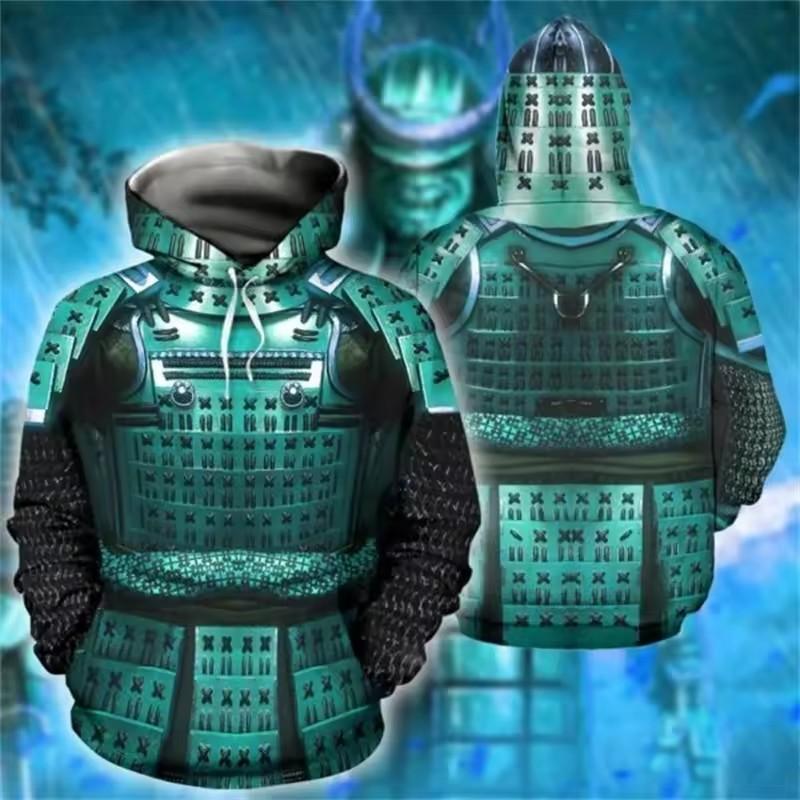 Bluzy z nadrukiem 3D Samuraja dla mężczyzn Rycerze w zbroi Graficzna bluza z kapturem Moda dziecięca Fajne bluzy Zima Harajuku Top Pulower