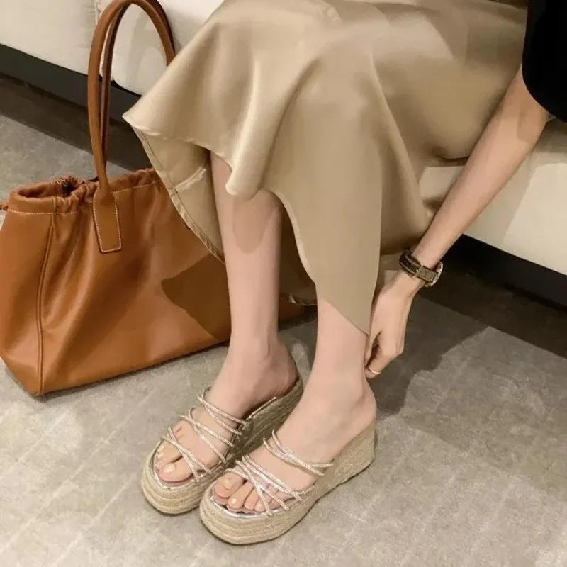 2024 Verão Chinelo Grosso Feminino Moda Elegante Plataforma Cunhas Salto Slides Senhoras Gladiador Tecido Solado Sandálias Sapatos Romanos