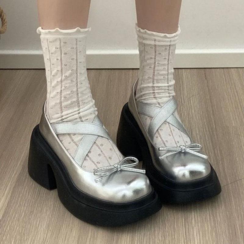 Stříbrné lodičky na platformě na vysokém podpatku Dámské Podzimní motýlek Překřížené Ramínka Boty Mary Jane Žena Pu Kůže Boty Jk na silném podpatku