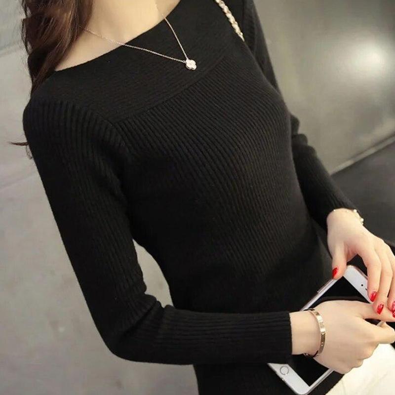 Autumn Winter Long Sleeve Shirt Solid Women Round Collar Sweater Slim One-neck Female Tight Pullover Sweater 6737 50