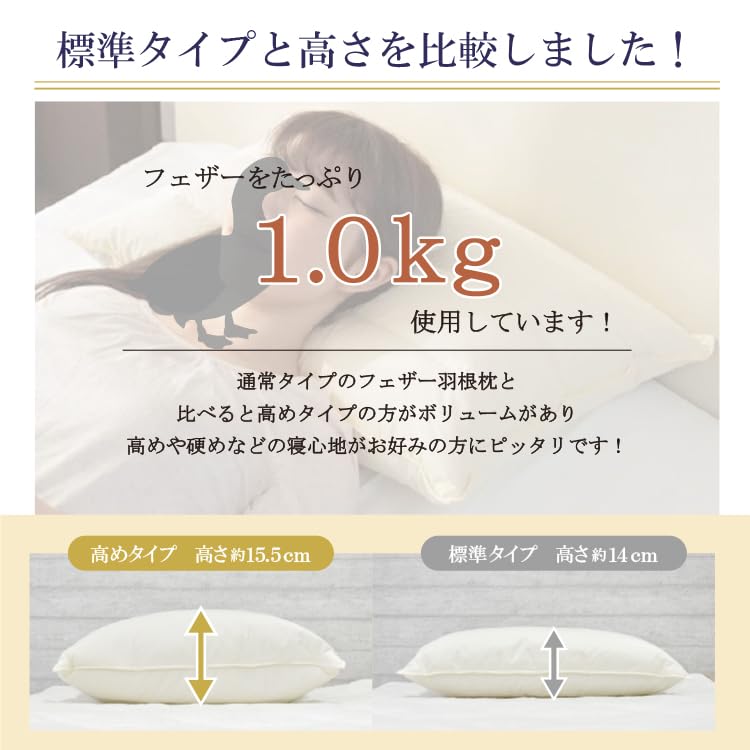 Maruhachi Maruhachi Silk Hotel Pillow, Pipe Feather Pillow, Approx. 43 x 63 cm, Blissful Sleep, Extra-High Volume, Feather Piper Pillow, Feather Pipe