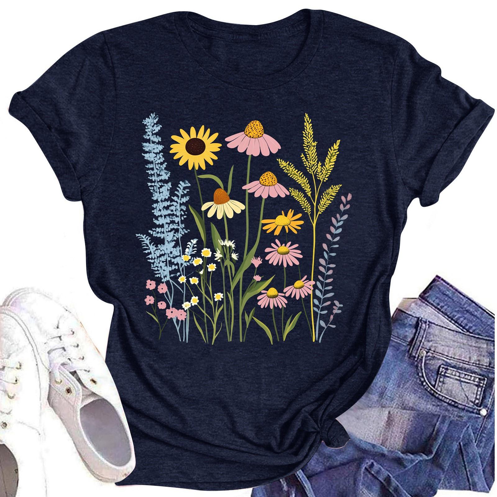 

Женская повседневная футболка с круглым вырезом и цветочным принтом, короткий рукав XL тёмно-синий