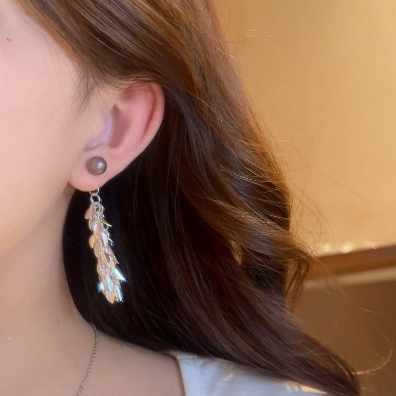111 Silver Needle Tassel Wheat Ear Leaf Earrings Light Luxury Premium Sense Sparkling Earrings Women's Unique Temperament Earrings
