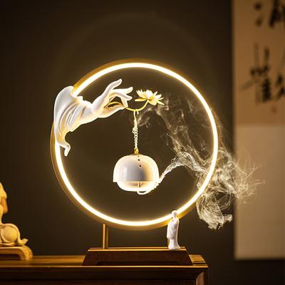 30cm Hanging Backflow Incense Burner with USB LED Light Ring Zen Monk Buddha's Hand OUDH Fragrant Stove for Home Decor Ornaments