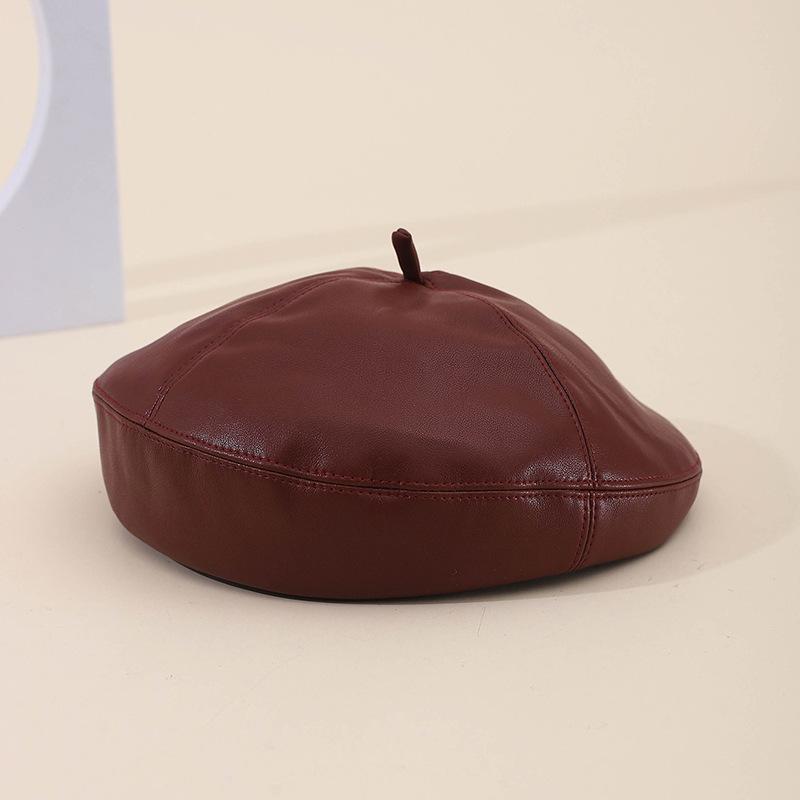 Korean Style Women'S Pu Leather Beret Hat - Solid Color Winter Painter Cap, Fashionable Autumn Winter Headwear Retro Casual