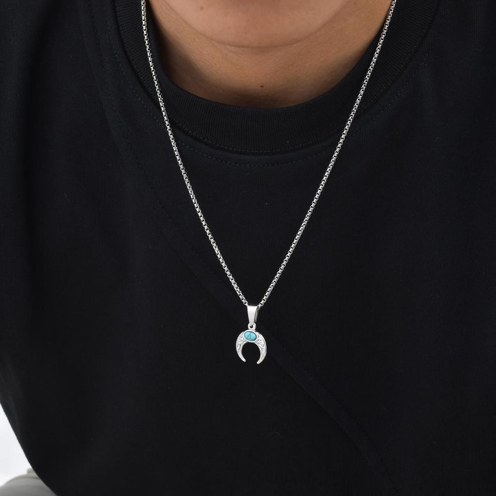 Turquoise Moon Pendant Necklace for Men Boys,Silver Color Stainless Steel Collar,Ethnic Retro Gift